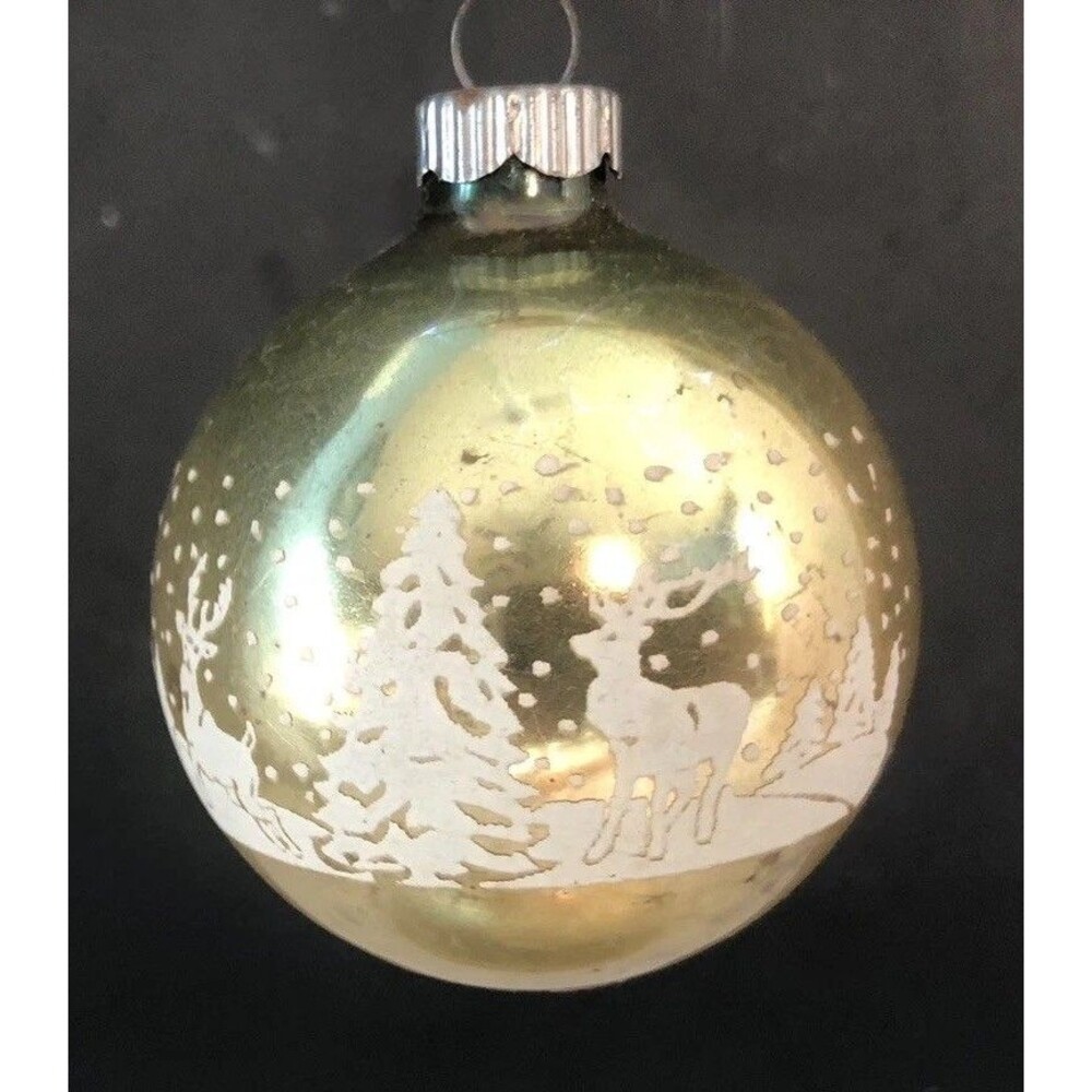 Vintage Shiny Brite Christmas Ornament Flocked Deer Snow Trees Gold & white